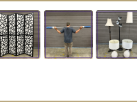 room divider, weighted bar and lamps