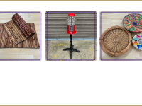 wood mats, red candy dispenser and woven baskets