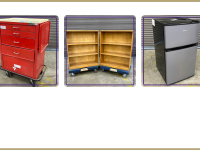 Red metal medical cart, duo of wood bookshelves, compact fridge and freezer