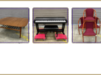 Mid-century modern square table, digital piano, stacking side chairs