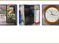 horticulture books, black cabinet, wall clock