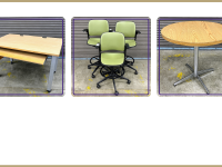 Rolling table, Steelcase green lab chairs, round table