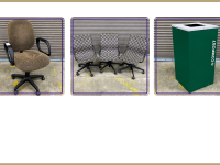 Corduroy office chair: $15.00  Trio of olive martini print Steelcase conference chairs: $10.00 each  Metal compost bin: $35.00