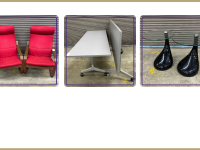 Duo of red Ikea chairs - $35.00 each  Duo of flip top tables - $45.00 each  Duo of teardrop base side tables with glass tops - $25.00 -$35.00 (priced based on cosmetic condition)
