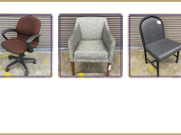reddish brown office chair, grey floral print armchair, grey vinyl side chair