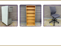 grey and green tanker desk, tall wood bookcase, grey office stool
