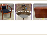 wood and fabric chair, decorative light fixture, cabinet with two drawers