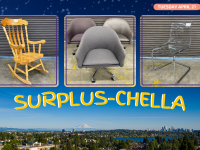 a rocking chair, 3 lounge chairs, a clear chair on a picture of the seattle skyline