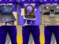 a trio of "harry the husky" mascots holding images of a lenovo laptop, a trio of counter height folding stools and a bowling ball with matching bag