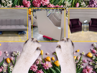 two dog paws point to bundles of flowers surrounding three images of a sleeper sofa, a corner desk electric sit stand and a duo of rich purple velour lounge chairs