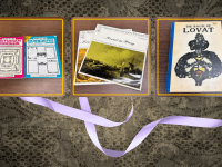 lace with a piece of ribbon behind pictures of two books, 2 mozart records, and a Lovat book