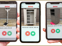 three phones with dating apps loaded with three images of a wardrobe cabinet, a scale and another wardrobe cabinet