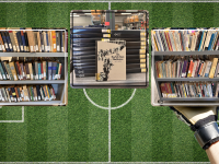 soccer field and a set of goalie gloves behind three images of a book cart of plays and poetry, New York Times film reviews, and another book cart of Russian literature