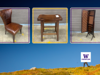 blue sky behind a person hiking with three images of a brown chair, saddle stool, and a cheval mirror