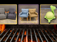 open flame grill with three images of two rolling lounge chairs, two waiting room seats and a yoga ball chair