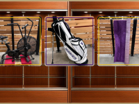 wood display cabinets showing three images of a stationary workout bike, a golf bag and a fuzzy purple rug