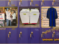 row of lockers with three images of a High School Musical CD, air purifiers and grad robes