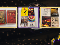 disco ball against a dark background with three images of two old german books, 4 comics and 4 textbooks