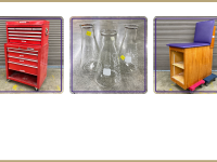 red tool chest on wheels, lab glass, tall treatment table with purple seat