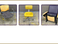 Patterned fabric and wood chair, vintage yellow Steelcase chair, Husky auditorium seat