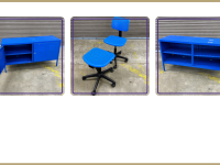 Blue metal console table, blue chair and blue stool, blue metal console table