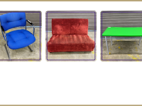 Blue fabric chair, red fabric couch, green top table