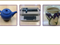 periwinkle teapot, electric typewriter, floral vase