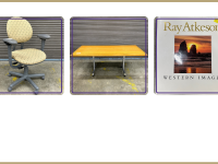 Yellow office chair, wood rolling table, western images coffee table book