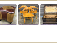 Leather ottoman, three wood captain's chairs, and a vintage wood trunk