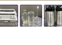 electric typewriter, trio of lab glass, duo of Bunn airpots