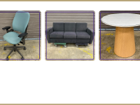 Steelcase blue office chair, dark green couch, small round table