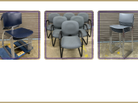 Stack of navy chairs, multiple blue-grey fabric office chairs, graphite grey tall chairs