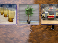 yellow drinking glasses, fake tree and carrera toy car set