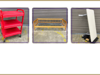 small red plastic 3 tier cart, wood twin daybed frame, sit/stand desk