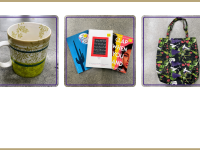botanical patterned coffee mug, 3 books with bright covers, patterned tote bag