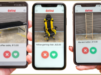 three phones with dating apps loaded with three images of a coffee table, a gaming chair and a blanket ladder