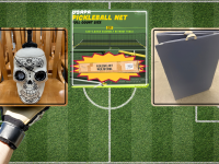 soccer field and a set of goalie gloves behind three images of a skull cookie jar, a pickleball net set and a folding floor mat