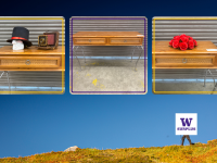 blue sky behind a person hiking with three images of a hat, fake camera, console table and a fake flower bouquet