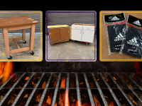 open flame grill with three images of a rolling wood table, two cabinet units and some adidas head wraps