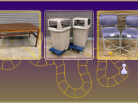 UW school colors gradient with a game board in front with three images of a large wood table, two trash cans and two bar height armless chairs