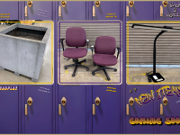row of lockers with three images of a giant cement planter, two office chairs and a lamp
