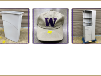 grey waste bin, UW logo hat, tall metal storage tower