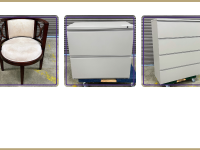Round fabric chair, Herman Miller 2-drawer lateral file cabinet, Herman Miller 4-drawer lateral file cabinet