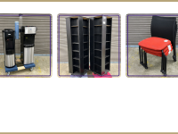 Duo of water coolers, VHS spinning storage racks, Steelcase red stacking rolling chairs