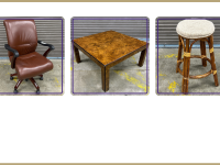 Handsome office chair, burled wood coffee table, bamboo and rattan stool