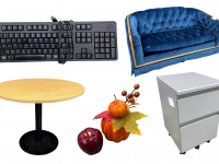 Photos of: keyboard, loveseat, pedestal file cabinet, seasonal décor, round table
