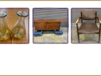 Duo of etched glass vases, wood console, brown fabric chair