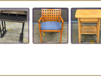 Writing table, Steelcase wood lattice chair, little wood table