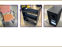 orange fabric chair, library cart, subwoofer
