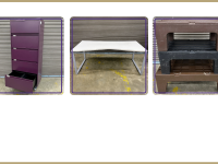 Purple 5-drawer file cabinet, 6 foot wide table, Trio of Cambro dunnage racks
